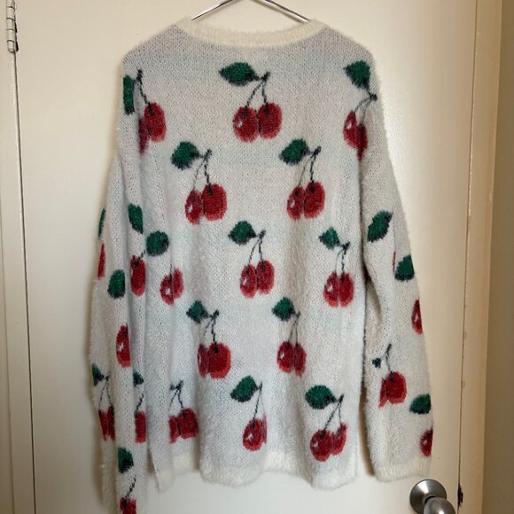 Fuzzy White Cherry Print Sweater - Picture 2 of 3